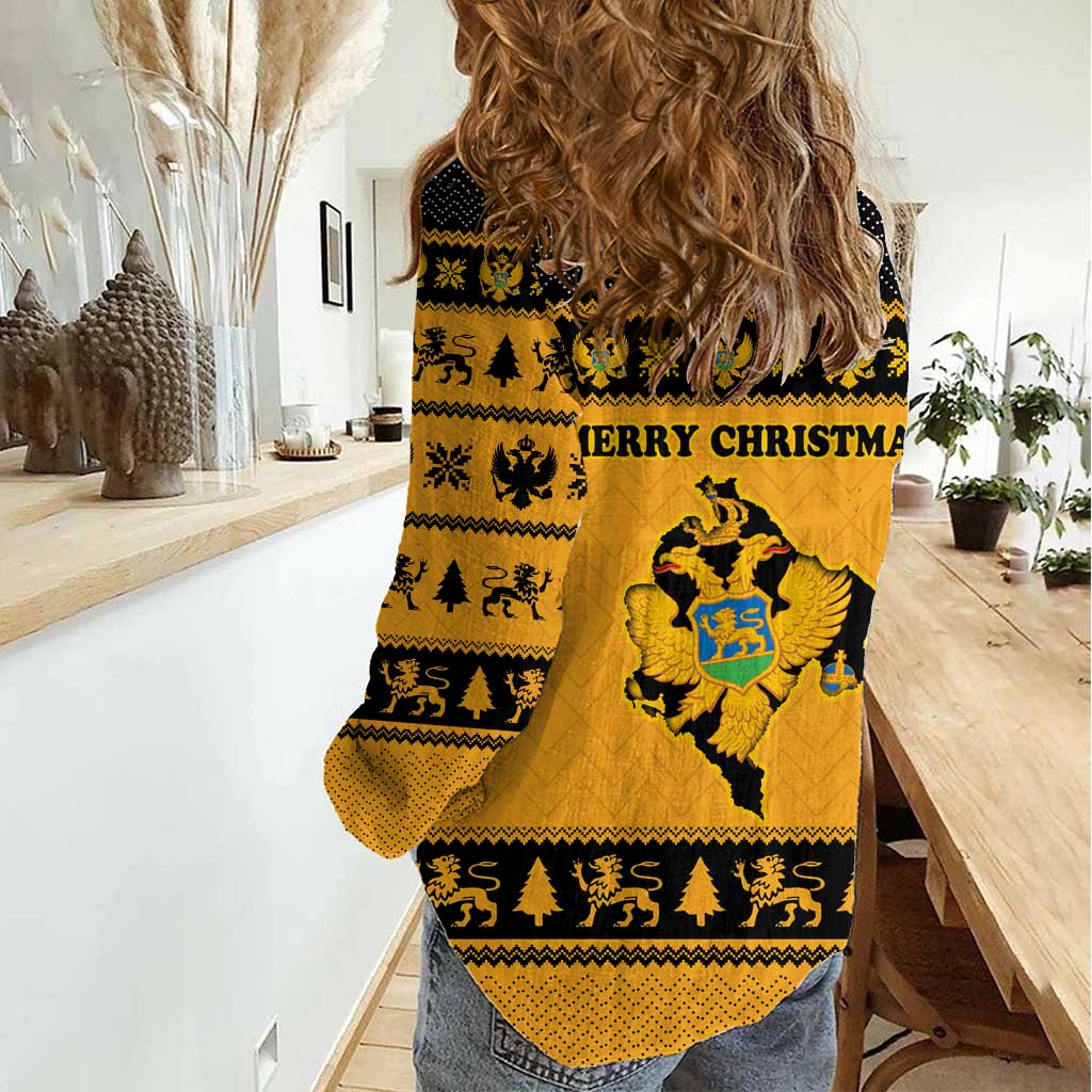 Montenegro Christmas Women Casual Shirt with Gold-Black Theme, Double-Headed Eagle, and Map Motif - Wonder Print Shop