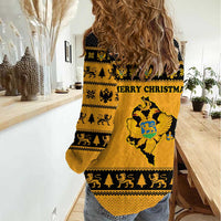 Montenegro Christmas Women Casual Shirt with Gold-Black Theme, Double-Headed Eagle, and Map Motif - Wonder Print Shop
