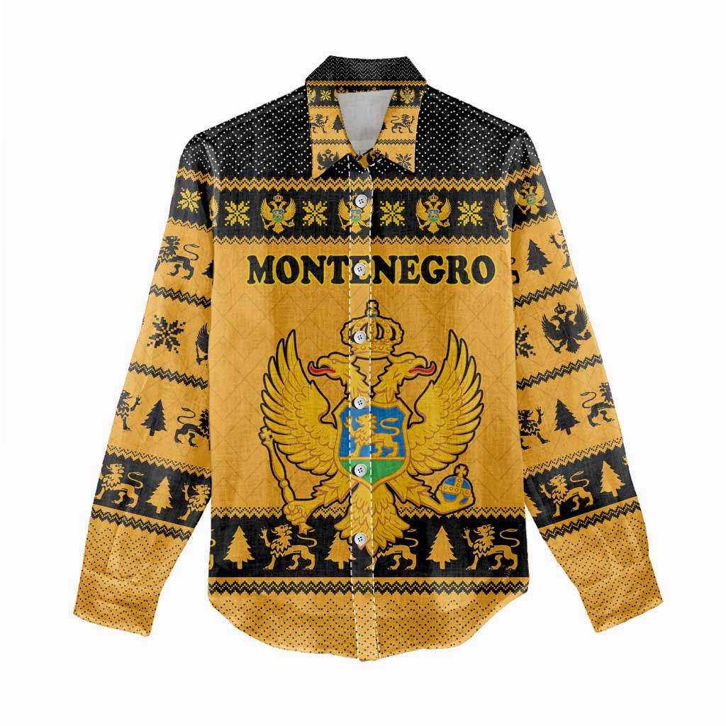 Montenegro Christmas Women Casual Shirt with Gold-Black Theme, Double-Headed Eagle, and Map Motif - Wonder Print Shop