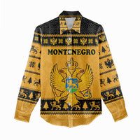 Montenegro Christmas Women Casual Shirt with Gold-Black Theme, Double-Headed Eagle, and Map Motif - Wonder Print Shop