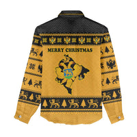 Montenegro Christmas Women Casual Shirt with Gold-Black Theme, Double-Headed Eagle, and Map Motif - Wonder Print Shop