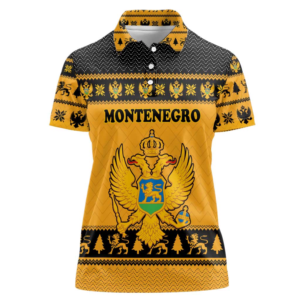 Montenegro Christmas Women Polo Shirt with Gold-Black Theme, Double-Headed Eagle, and Map Motif - Wonder Print Shop
