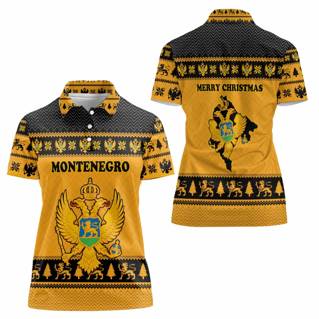 Montenegro Christmas Women Polo Shirt with Gold-Black Theme, Double-Headed Eagle, and Map Motif - Wonder Print Shop