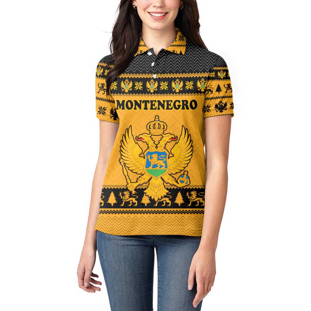 Montenegro Christmas Women Polo Shirt with Gold-Black Theme, Double-Headed Eagle, and Map Motif - Wonder Print Shop