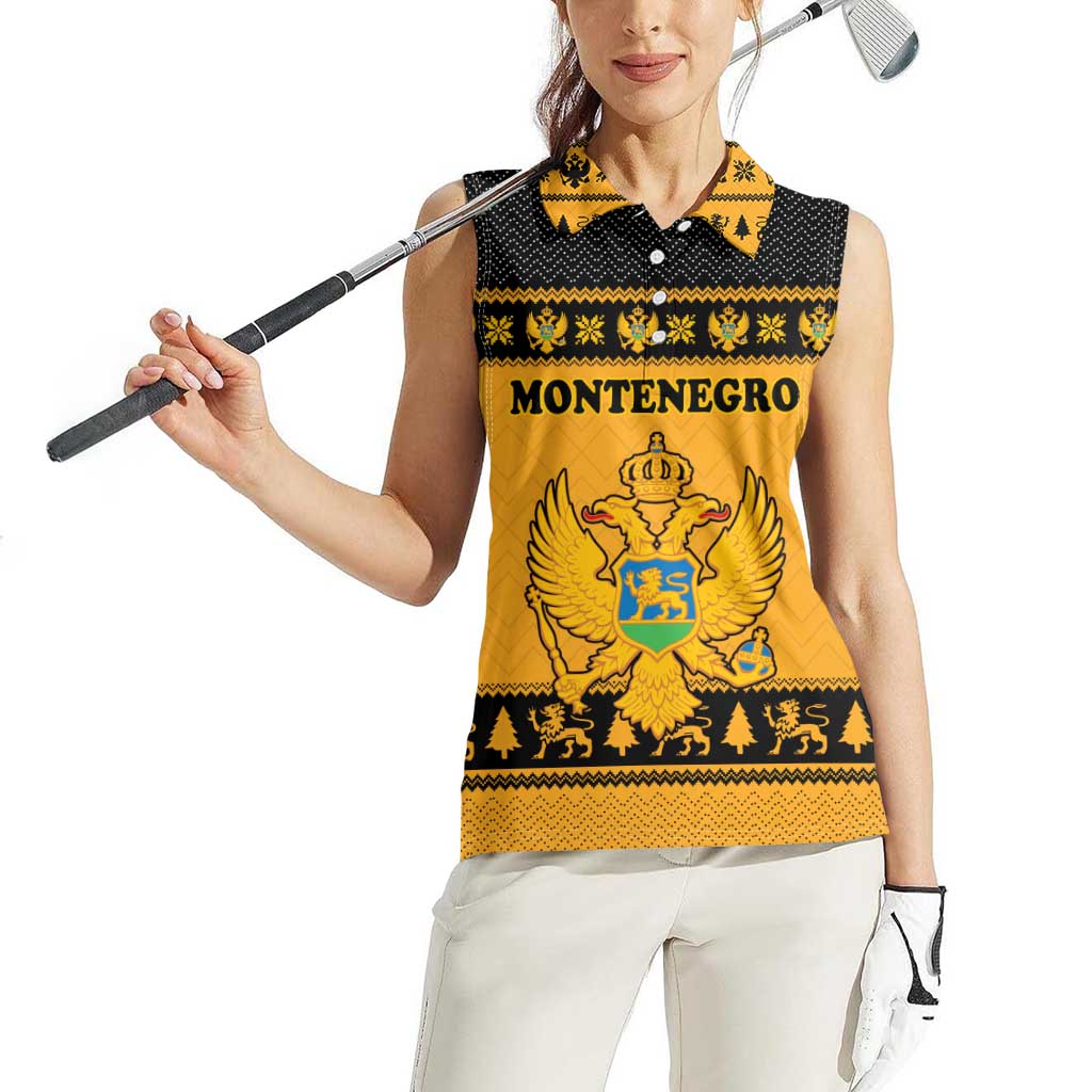 Montenegro Christmas Women Sleeveless Polo Shirt with Gold-Black Theme, Double-Headed Eagle, and Map Motif - Wonder Print Shop