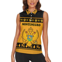 Montenegro Christmas Women Sleeveless Polo Shirt with Gold-Black Theme, Double-Headed Eagle, and Map Motif - Wonder Print Shop