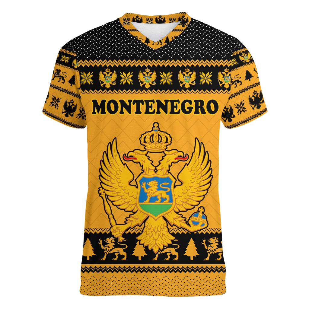 Montenegro Christmas Women V-Neck T-Shirt with Gold-Black Theme, Double-Headed Eagle, and Map Motif - Wonder Print Shop