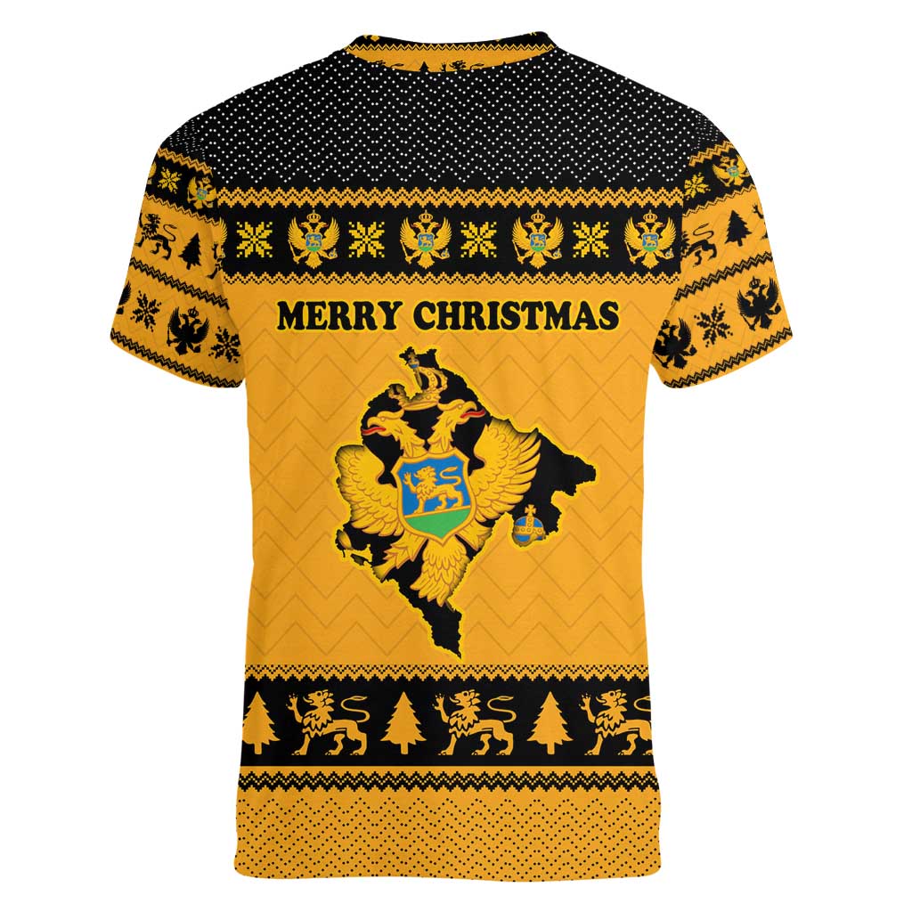Montenegro Christmas Women V-Neck T-Shirt with Gold-Black Theme, Double-Headed Eagle, and Map Motif - Wonder Print Shop
