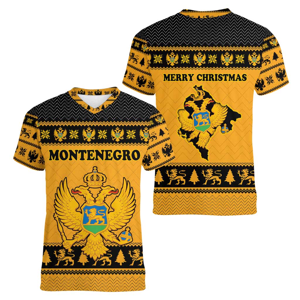 Montenegro Christmas Women V-Neck T-Shirt with Gold-Black Theme, Double-Headed Eagle, and Map Motif - Wonder Print Shop