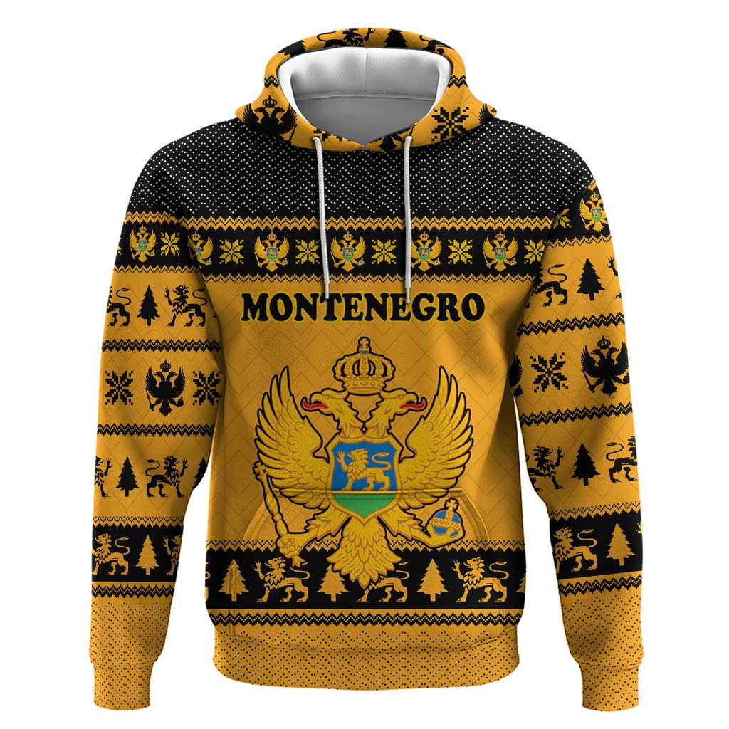 Montenegro Christmas Zip Hoodie with Gold-Black Theme, Double-Headed Eagle, and Map Motif - Wonder Print Shop
