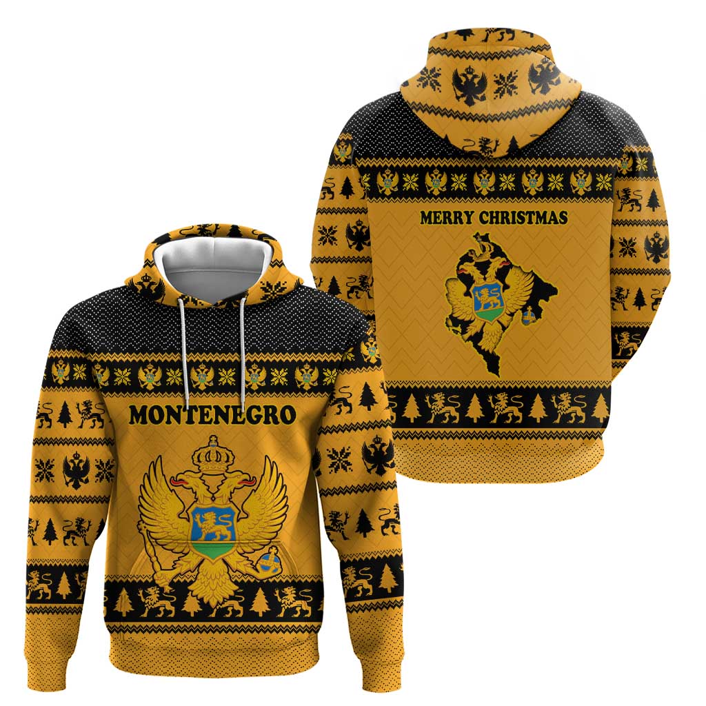 Montenegro Christmas Zip Hoodie with Gold-Black Theme, Double-Headed Eagle, and Map Motif - Wonder Print Shop