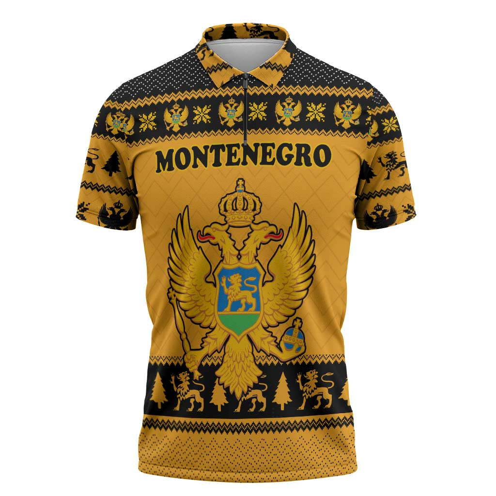 Montenegro Christmas Zipper Polo Shirt with Gold-Black Theme, Double-Headed Eagle, and Map Motif - Wonder Print Shop