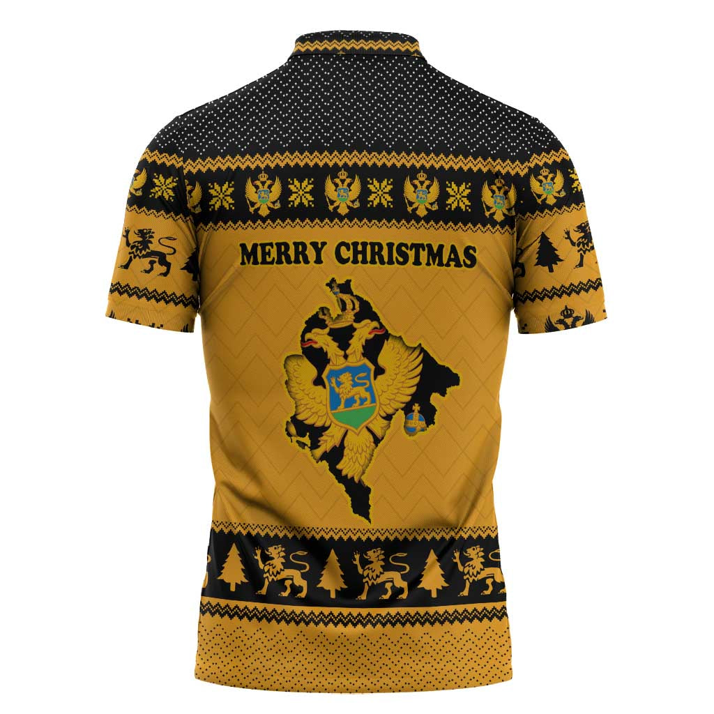 Montenegro Christmas Zipper Polo Shirt with Gold-Black Theme, Double-Headed Eagle, and Map Motif - Wonder Print Shop