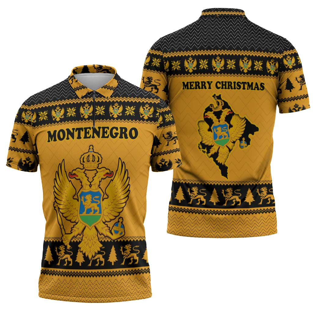 Montenegro Christmas Zipper Polo Shirt with Gold-Black Theme, Double-Headed Eagle, and Map Motif - Wonder Print Shop