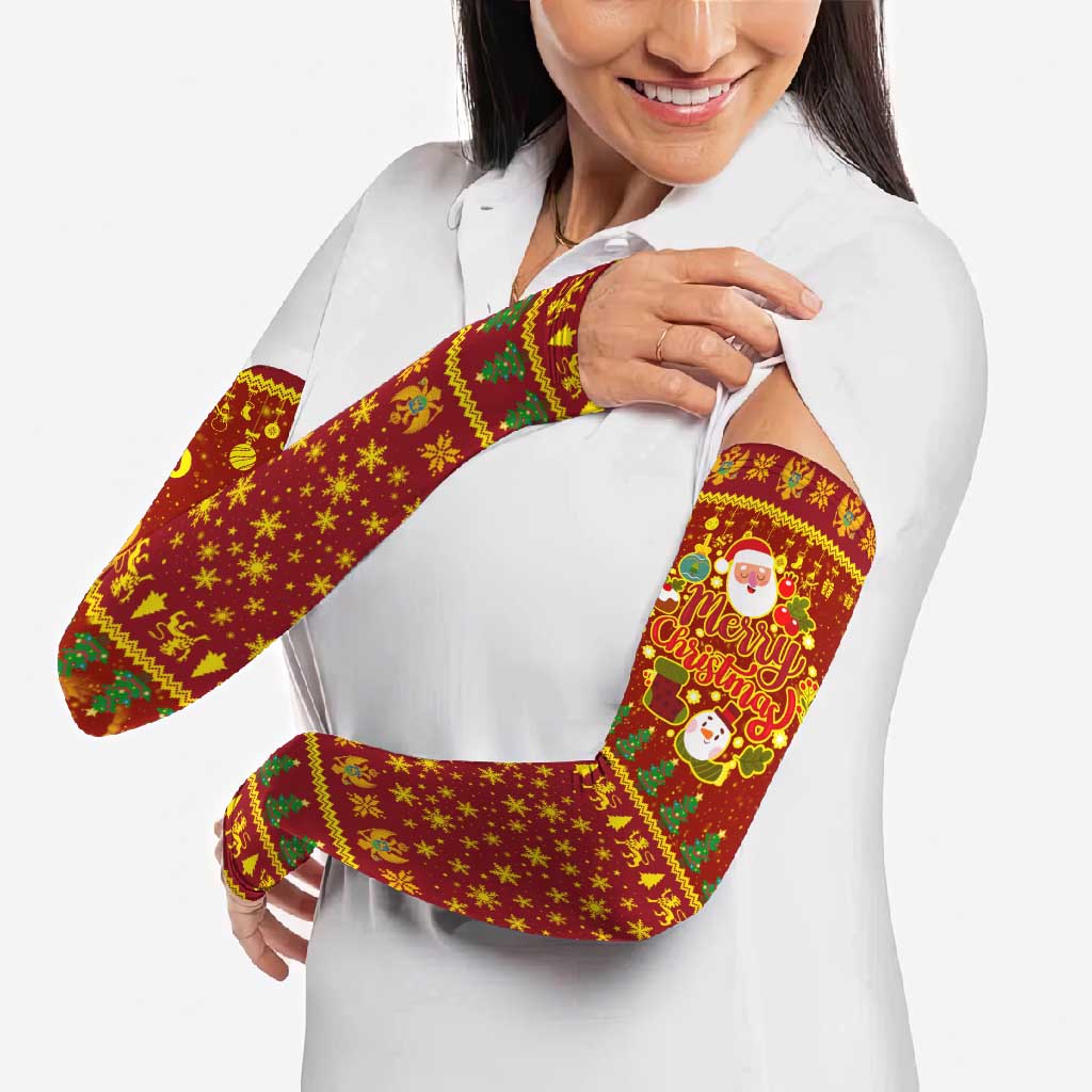 Montenegro Christmas Arm Sleeves with Red-Gold Theme, Double-Headed Eagle, and Santa Motif - Wonder Print Shop