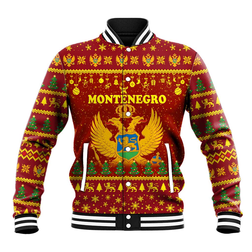 Montenegro Christmas Baseball Jacket with Red-Gold Theme, Double-Headed Eagle, and Santa Motif - Wonder Print Shop