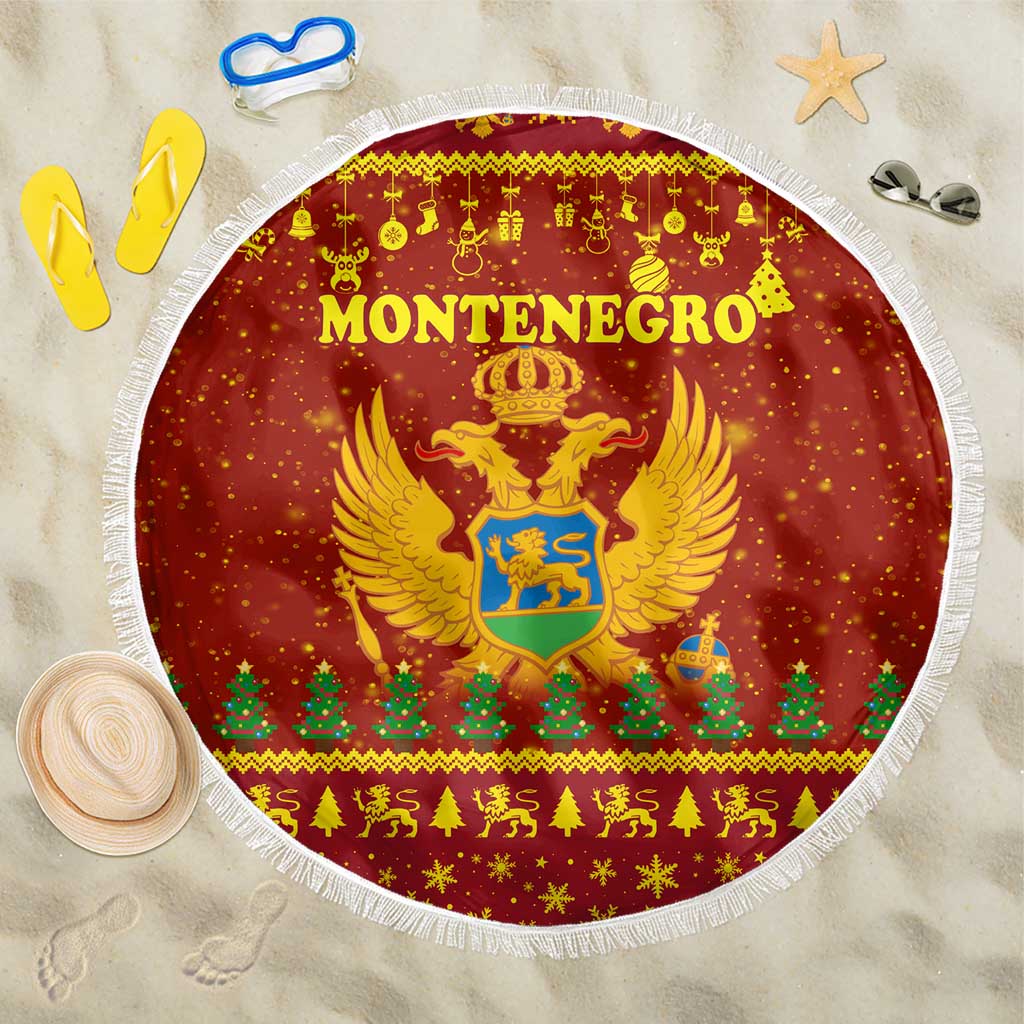 Montenegro Christmas Beach Blanket with Red-Gold Theme, Double-Headed Eagle, and Santa Motif - Wonder Print Shop
