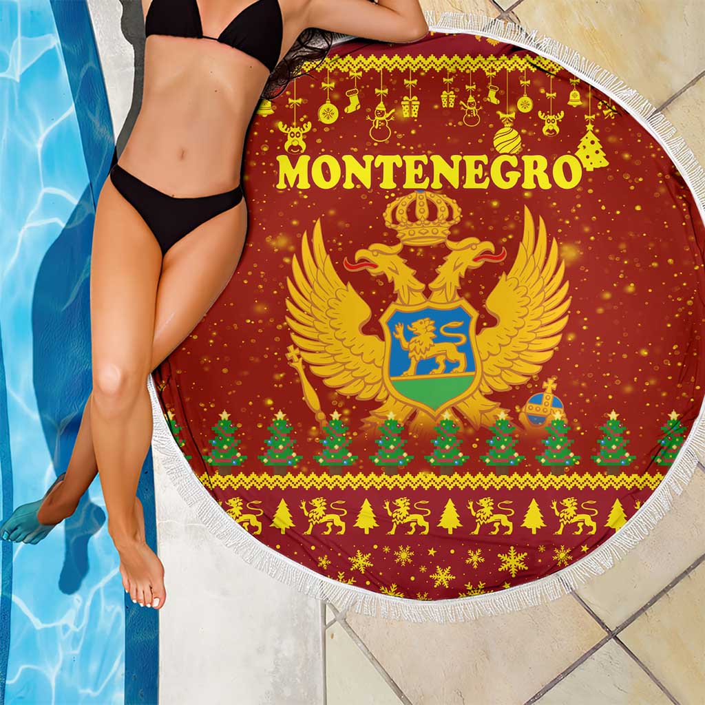 Montenegro Christmas Beach Blanket with Red-Gold Theme, Double-Headed Eagle, and Santa Motif - Wonder Print Shop