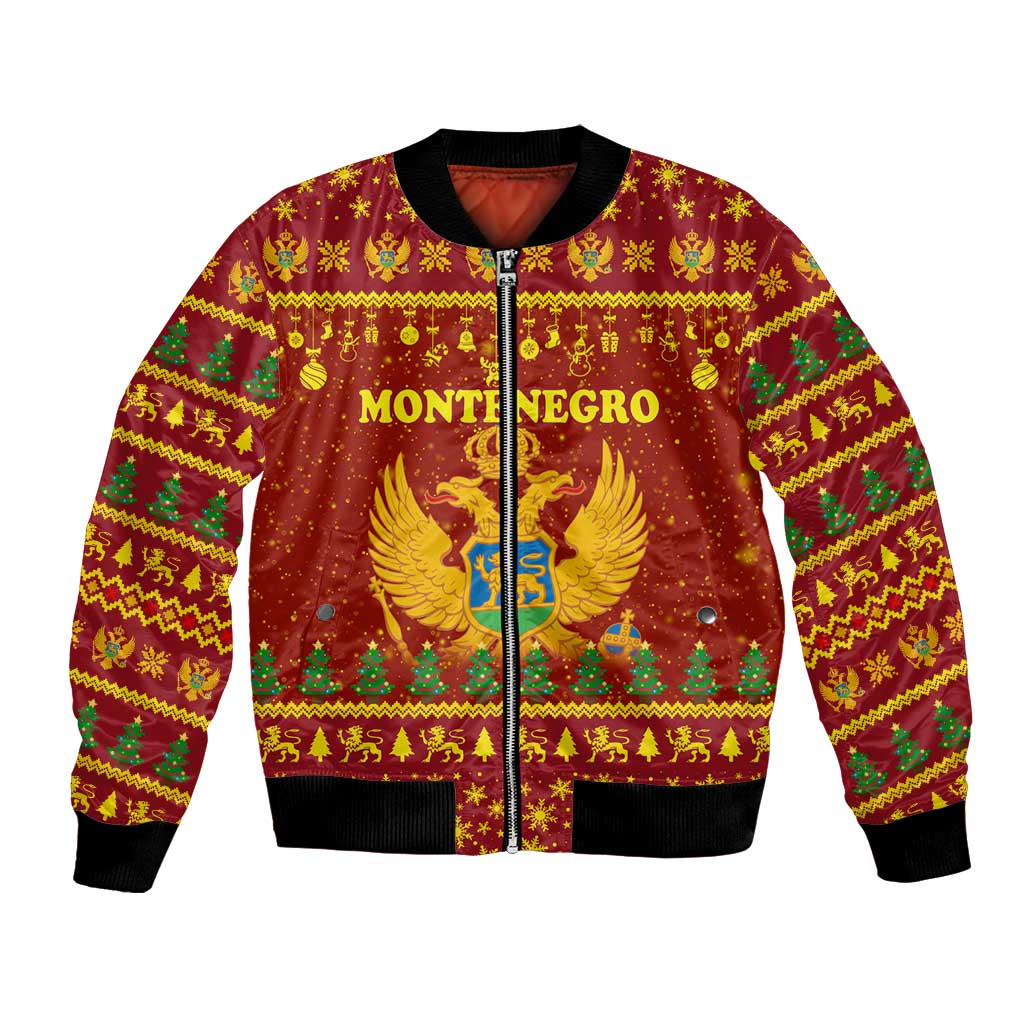 Montenegro Christmas Bomber Jacket with Red-Gold Theme, Double-Headed Eagle, and Santa Motif - Wonder Print Shop