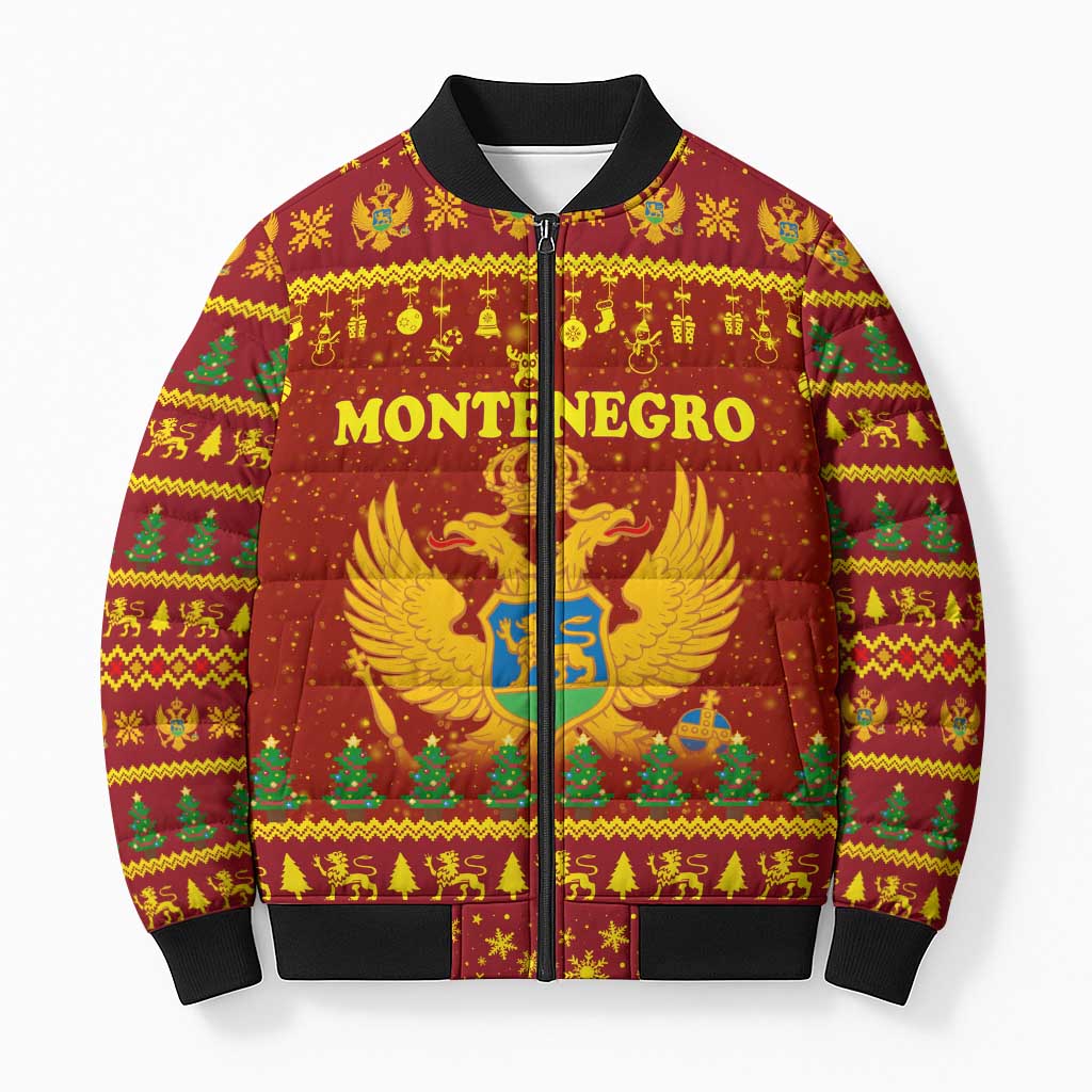 Montenegro Christmas Bomber Puffer Jacket with Red-Gold Theme, Double-Headed Eagle, and Santa Motif - Wonder Print Shop