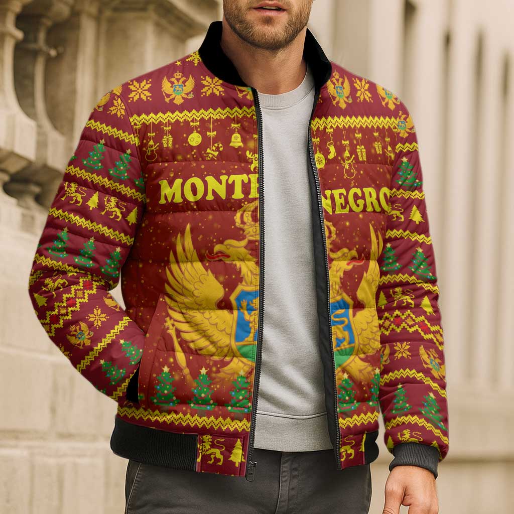 Montenegro Christmas Bomber Puffer Jacket with Red-Gold Theme, Double-Headed Eagle, and Santa Motif - Wonder Print Shop