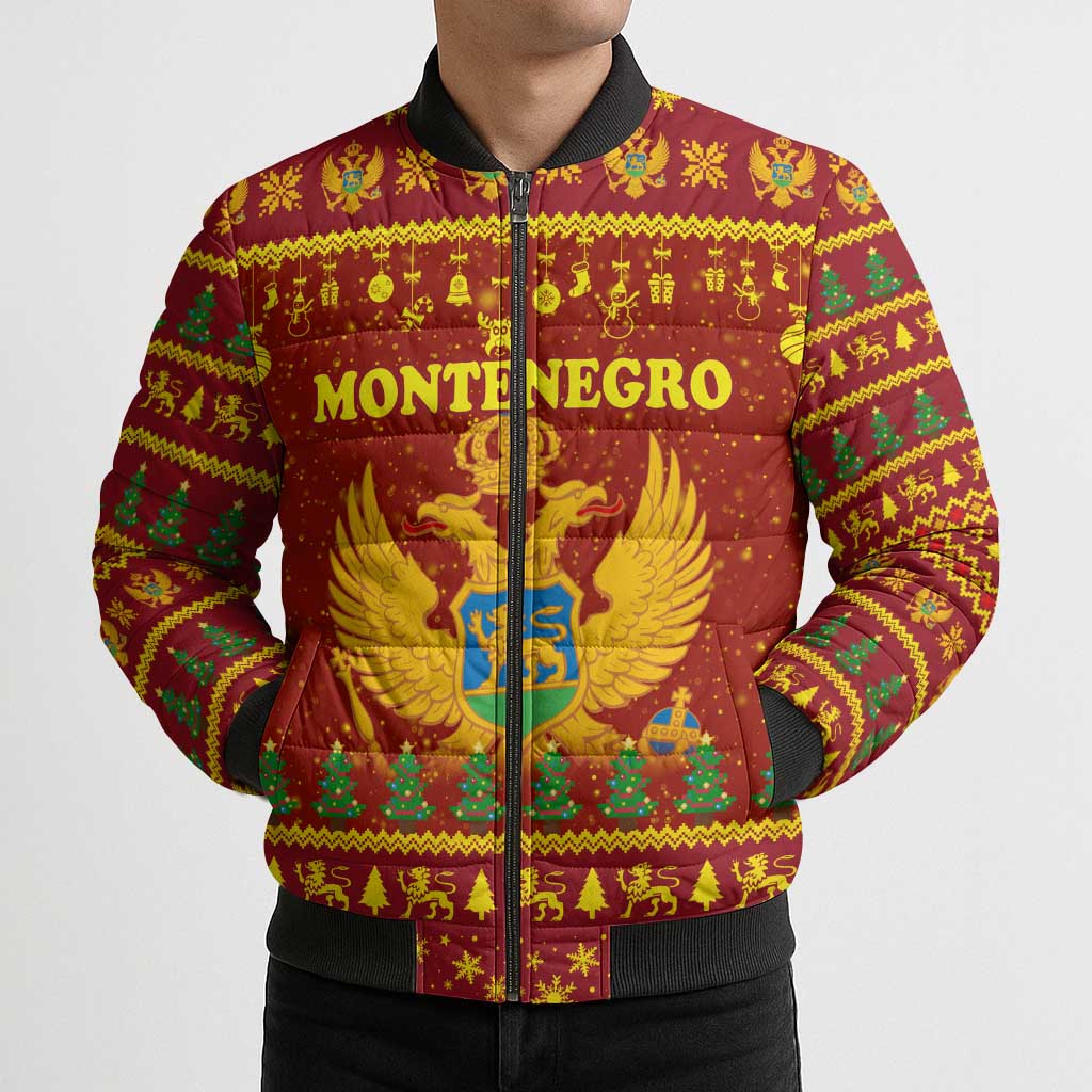Montenegro Christmas Bomber Puffer Jacket with Red-Gold Theme, Double-Headed Eagle, and Santa Motif - Wonder Print Shop