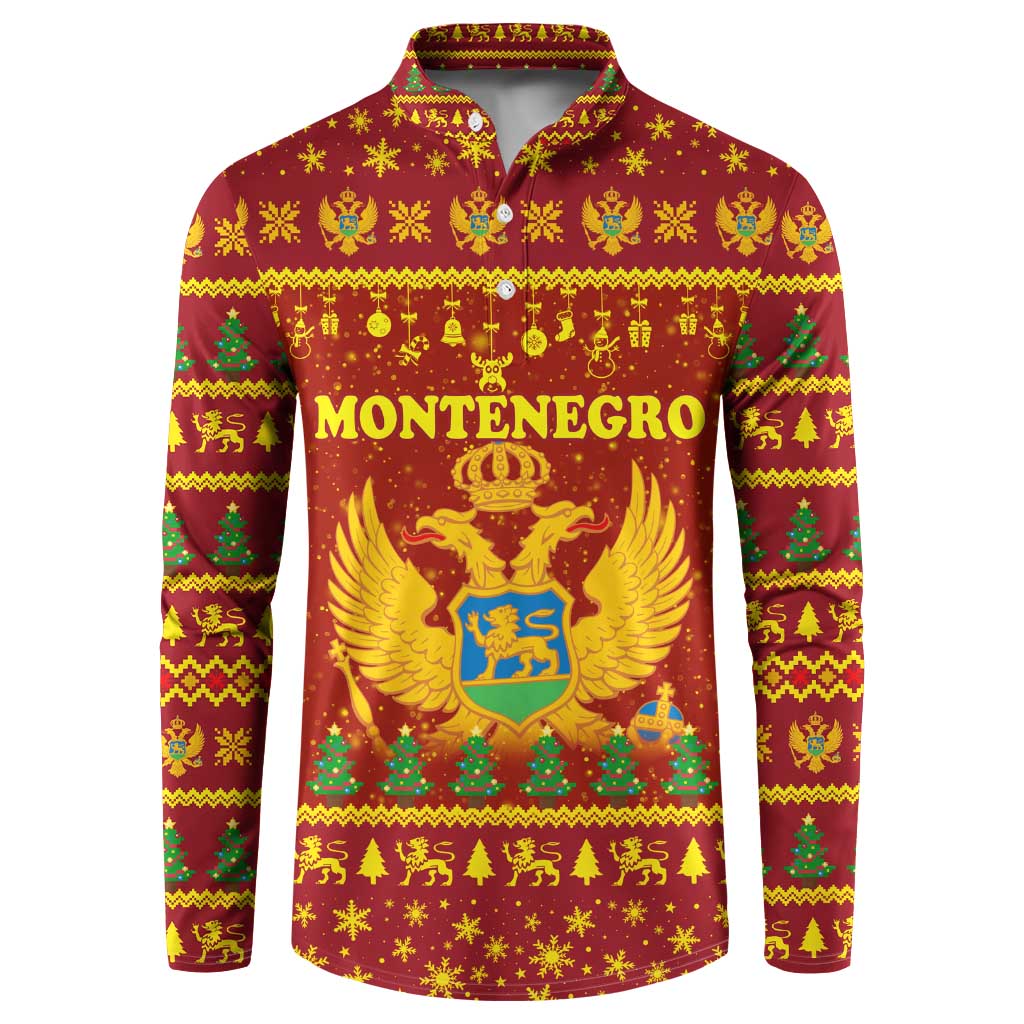Montenegro Christmas Button Sweatshirt with Red-Gold Theme, Double-Headed Eagle, and Santa Motif - Wonder Print Shop