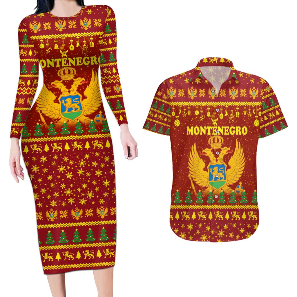 Montenegro Christmas Couples Matching Long Sleeve Bodycon Dress and Hawaiian Shirt with Red-Gold Theme, Double-Headed Eagle, and Santa Motif - Wonder Print Shop