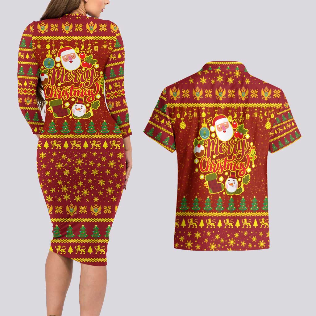 Montenegro Christmas Couples Matching Long Sleeve Bodycon Dress and Hawaiian Shirt with Red-Gold Theme, Double-Headed Eagle, and Santa Motif - Wonder Print Shop