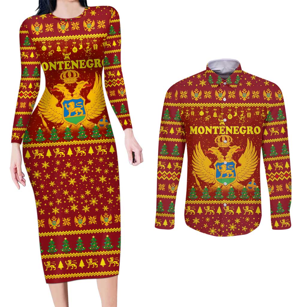 Montenegro Christmas Couples Matching Long Sleeve Bodycon Dress and Long Sleeve Button Shirt with Red-Gold Theme, Double-Headed Eagle, and Santa Motif - Wonder Print Shop
