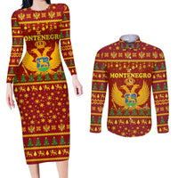 Montenegro Christmas Couples Matching Long Sleeve Bodycon Dress and Long Sleeve Button Shirt with Red-Gold Theme, Double-Headed Eagle, and Santa Motif - Wonder Print Shop