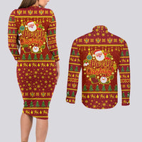 Montenegro Christmas Couples Matching Long Sleeve Bodycon Dress and Long Sleeve Button Shirt with Red-Gold Theme, Double-Headed Eagle, and Santa Motif - Wonder Print Shop