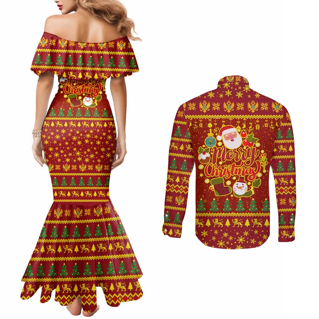 Montenegro Christmas Couples Matching Mermaid Dress and Long Sleeve Button Shirt with Red-Gold Theme, Double-Headed Eagle, and Santa Motif - Wonder Print Shop