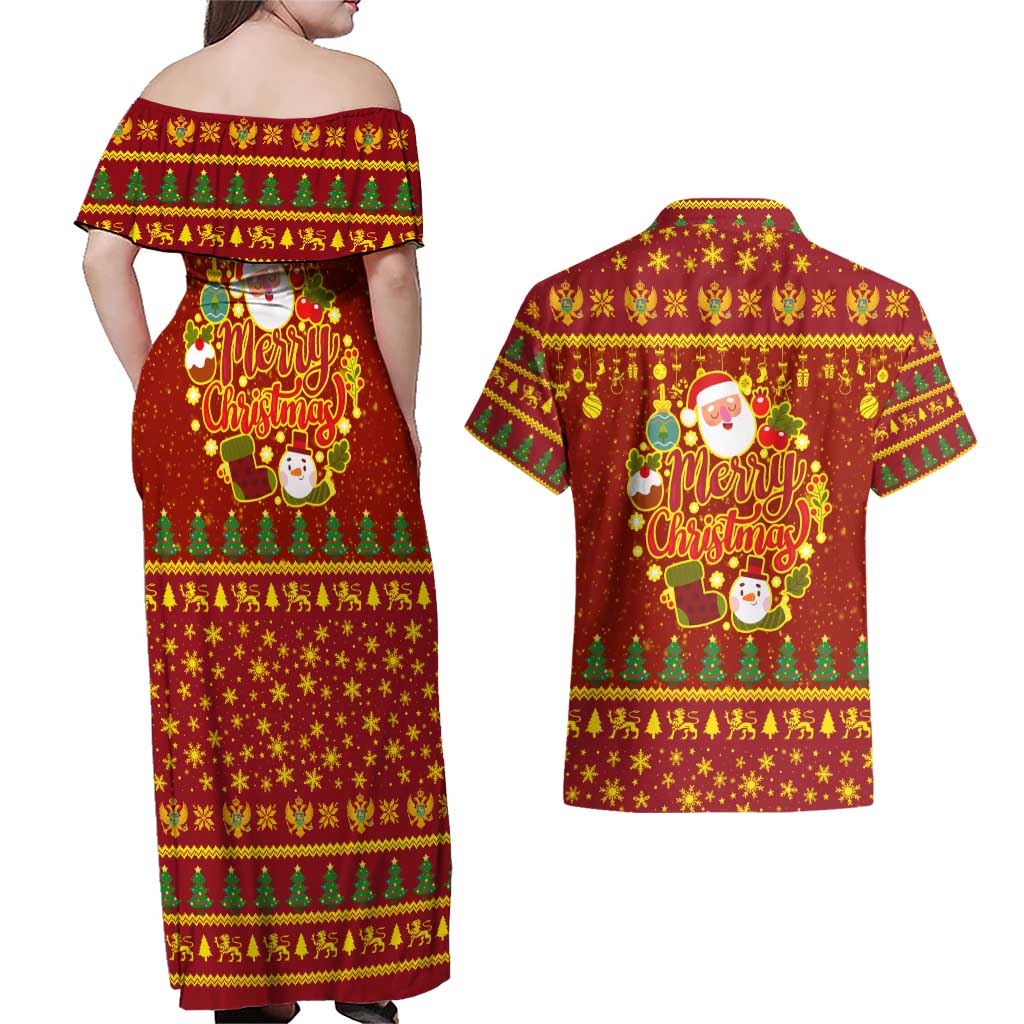 Montenegro Christmas Couples Matching Off Shoulder Maxi Dress and Hawaiian Shirt with Red-Gold Theme, Double-Headed Eagle, and Santa Motif - Wonder Print Shop