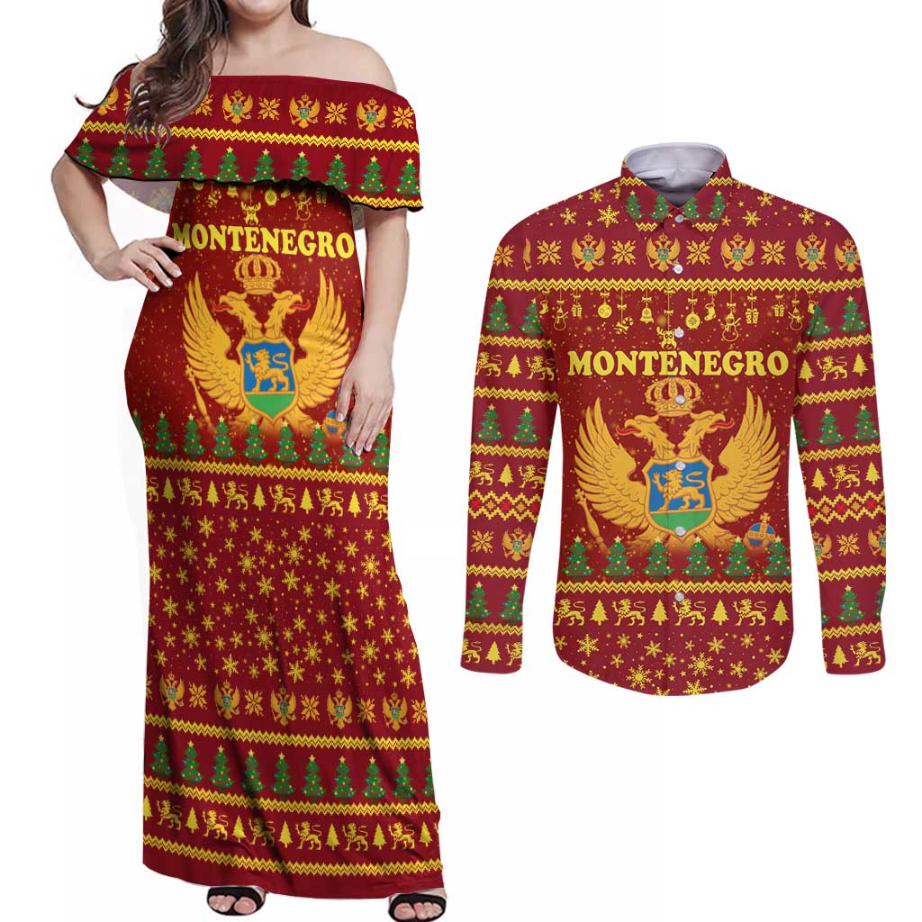 Montenegro Christmas Couples Matching Off Shoulder Maxi Dress and Long Sleeve Button Shirt with Red-Gold Theme, Double-Headed Eagle, and Santa Motif - Wonder Print Shop