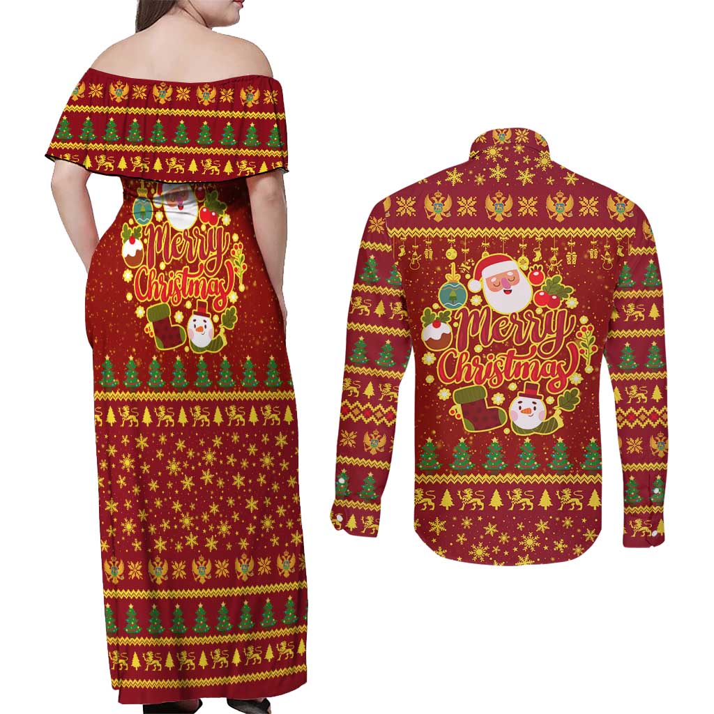 Montenegro Christmas Couples Matching Off Shoulder Maxi Dress and Long Sleeve Button Shirt with Red-Gold Theme, Double-Headed Eagle, and Santa Motif - Wonder Print Shop