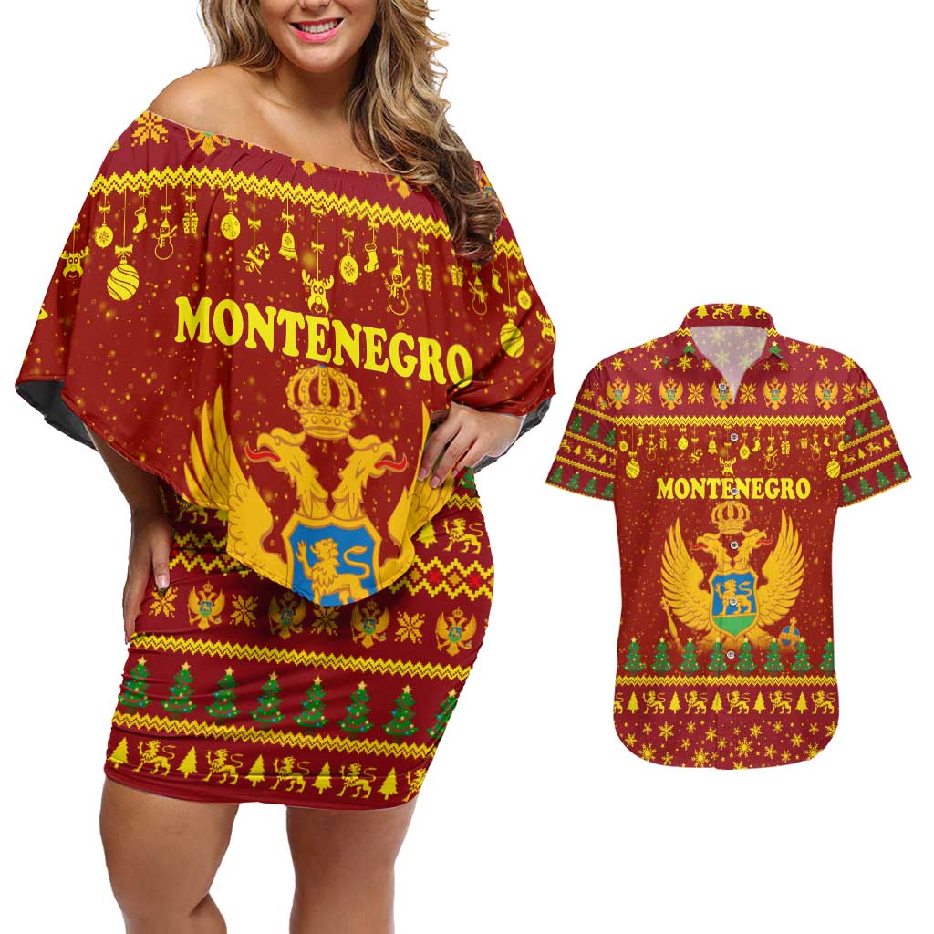 Montenegro Christmas Couples Matching Off Shoulder Short Dress and Hawaiian Shirt with Red-Gold Theme, Double-Headed Eagle, and Santa Motif - Wonder Print Shop
