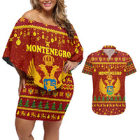 Montenegro Christmas Couples Matching Off Shoulder Short Dress and Hawaiian Shirt with Red-Gold Theme, Double-Headed Eagle, and Santa Motif - Wonder Print Shop