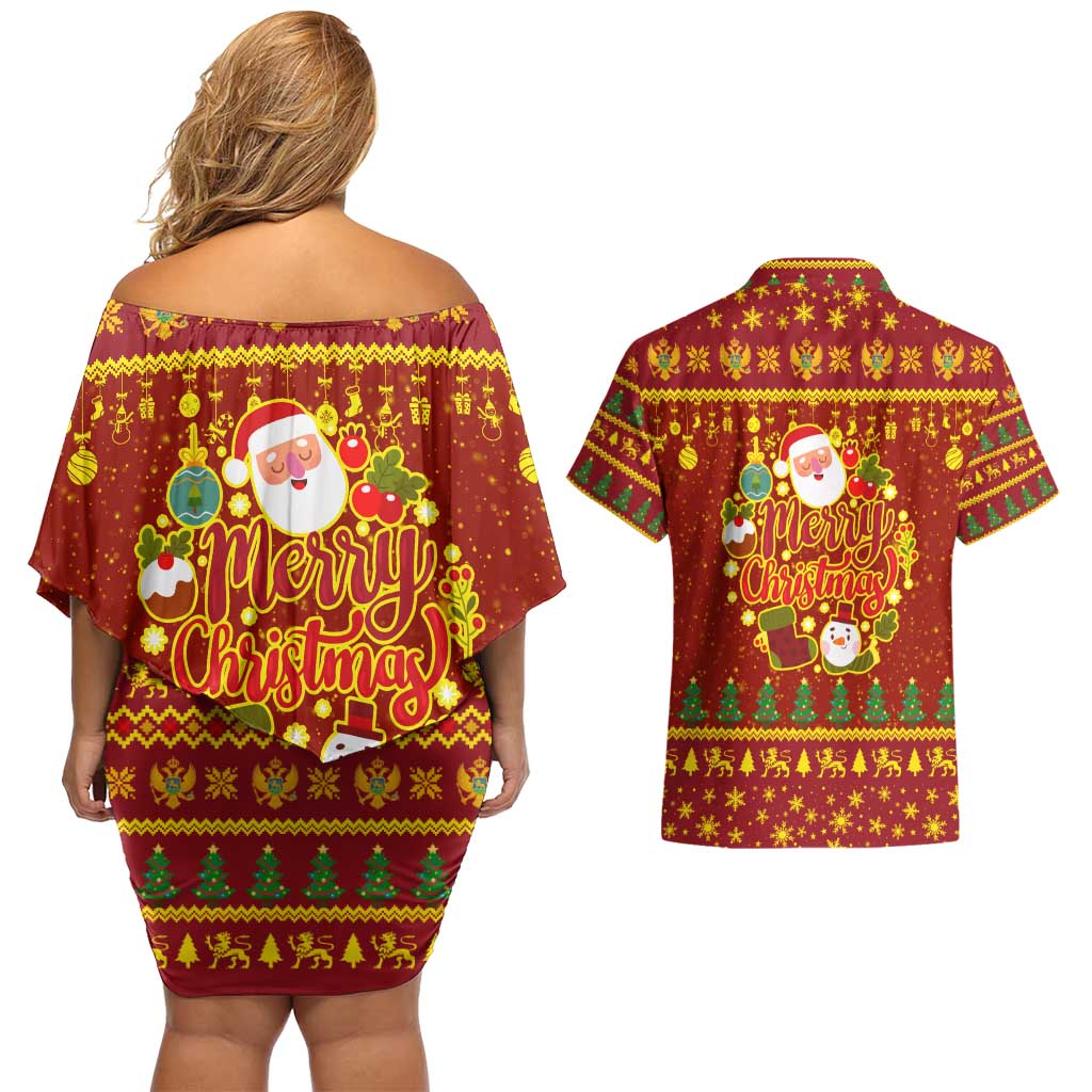 Montenegro Christmas Couples Matching Off Shoulder Short Dress and Hawaiian Shirt with Red-Gold Theme, Double-Headed Eagle, and Santa Motif - Wonder Print Shop