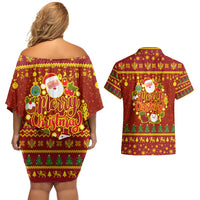 Montenegro Christmas Couples Matching Off Shoulder Short Dress and Hawaiian Shirt with Red-Gold Theme, Double-Headed Eagle, and Santa Motif - Wonder Print Shop