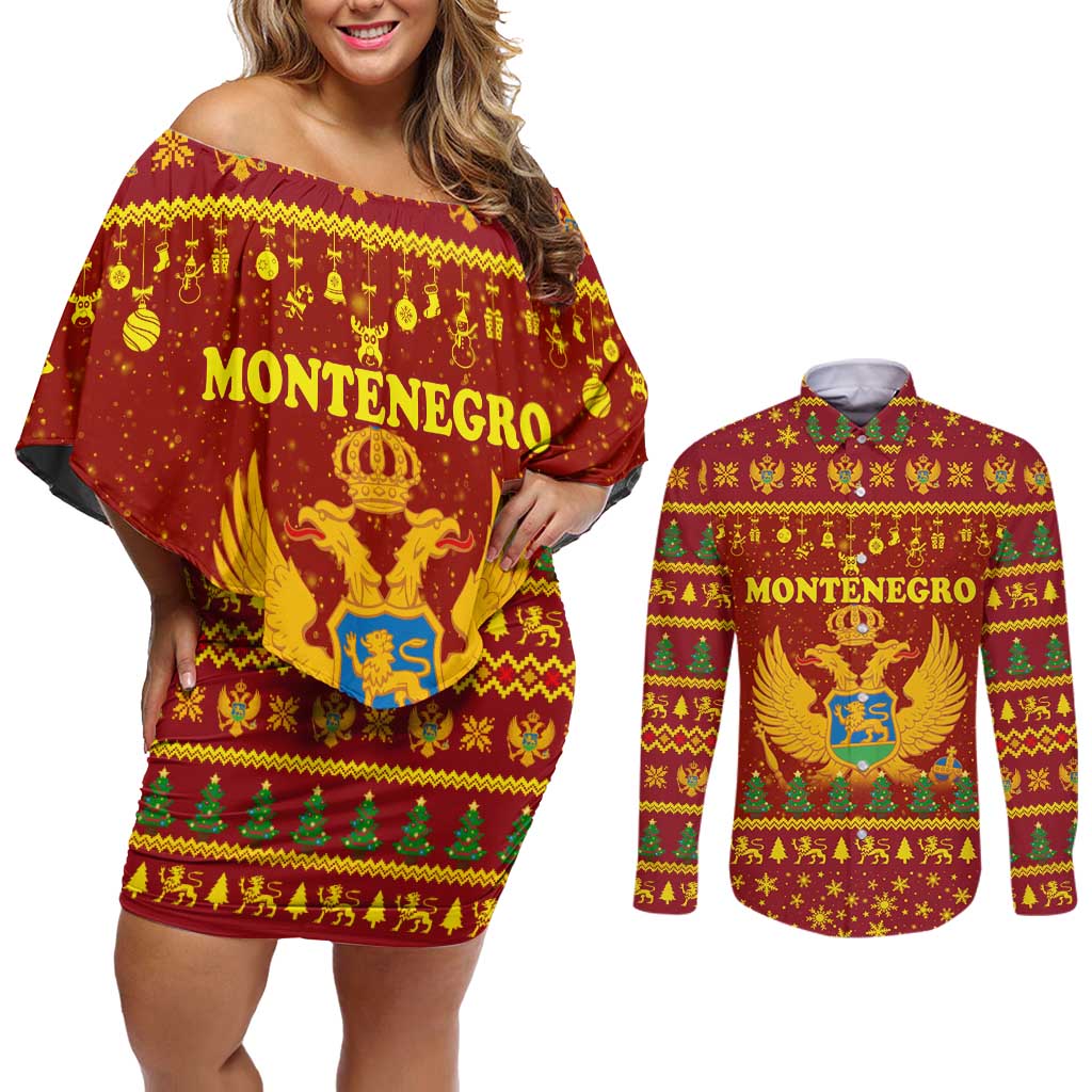Montenegro Christmas Couples Matching Off Shoulder Short Dress and Long Sleeve Button Shirt with Red-Gold Theme, Double-Headed Eagle, and Santa Motif - Wonder Print Shop