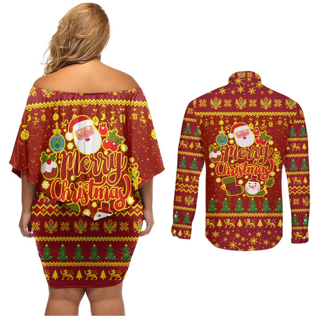 Montenegro Christmas Couples Matching Off Shoulder Short Dress and Long Sleeve Button Shirt with Red-Gold Theme, Double-Headed Eagle, and Santa Motif - Wonder Print Shop