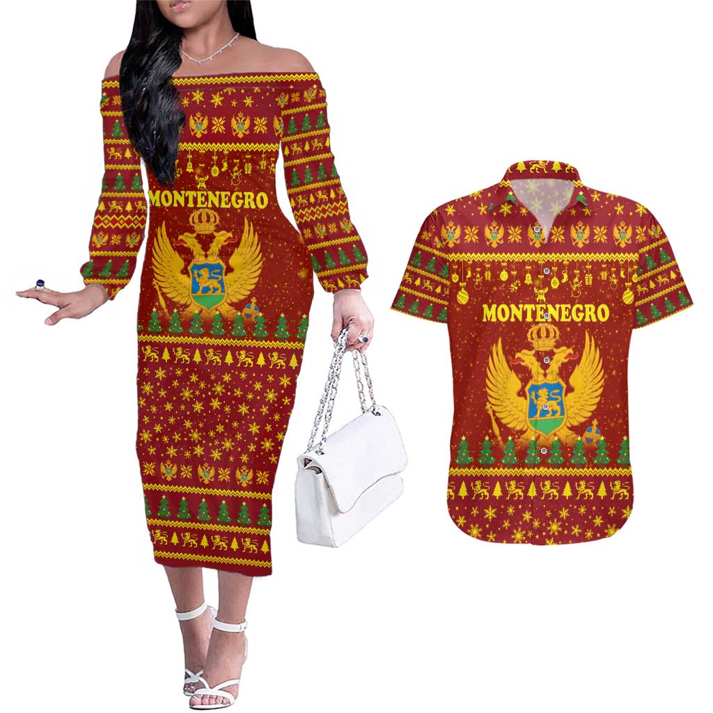 Montenegro Christmas Couples Matching Off The Shoulder Long Sleeve Dress and Hawaiian Shirt with Red-Gold Theme, Double-Headed Eagle, and Santa Motif - Wonder Print Shop