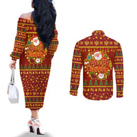 Montenegro Christmas Couples Matching Off The Shoulder Long Sleeve Dress and Long Sleeve Button Shirt with Red-Gold Theme, Double-Headed Eagle, and Santa Motif - Wonder Print Shop