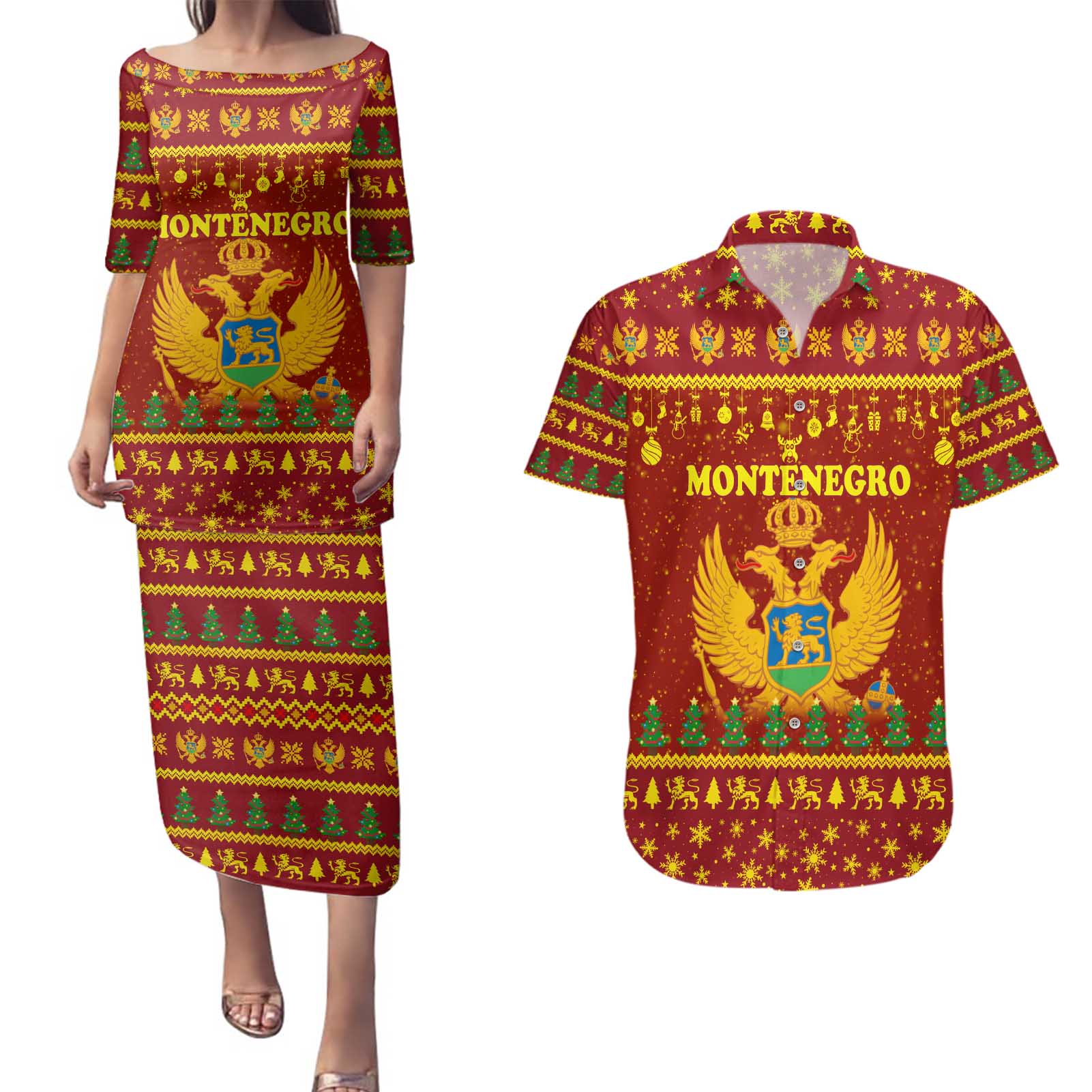 Montenegro Christmas Couples Matching Puletasi and Hawaiian Shirt with Red-Gold Theme, Double-Headed Eagle, and Santa Motif - Wonder Print Shop