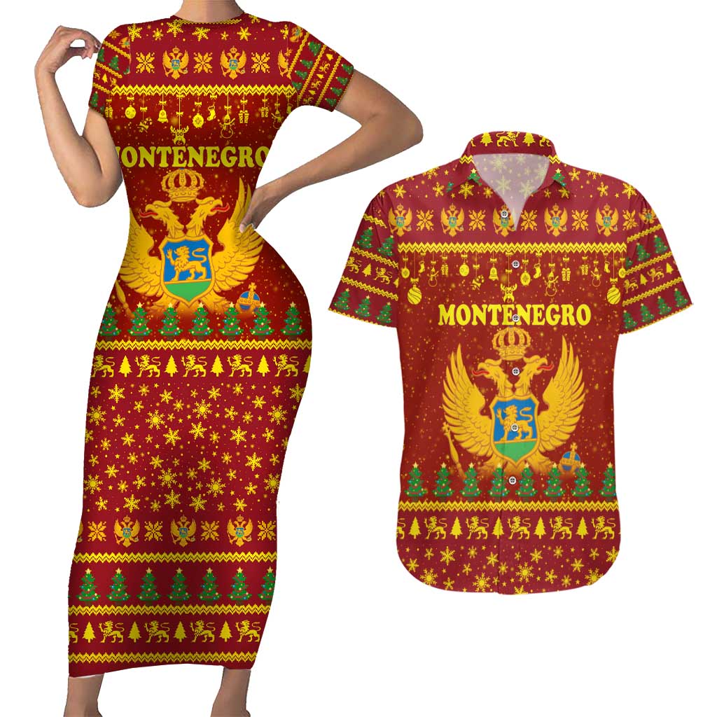 Montenegro Christmas Couples Matching Short Sleeve Bodycon Dress and Hawaiian Shirt with Red-Gold Theme, Double-Headed Eagle, and Santa Motif - Wonder Print Shop