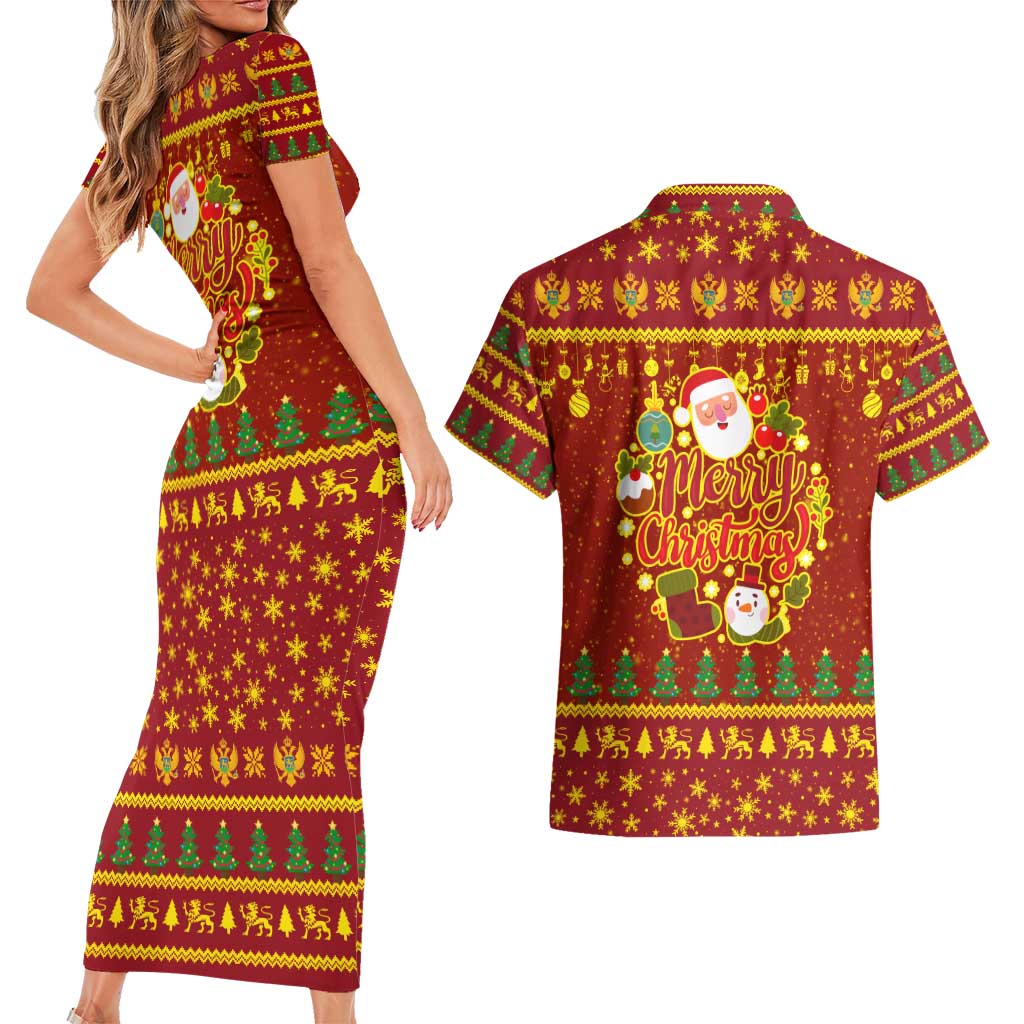 Montenegro Christmas Couples Matching Short Sleeve Bodycon Dress and Hawaiian Shirt with Red-Gold Theme, Double-Headed Eagle, and Santa Motif - Wonder Print Shop
