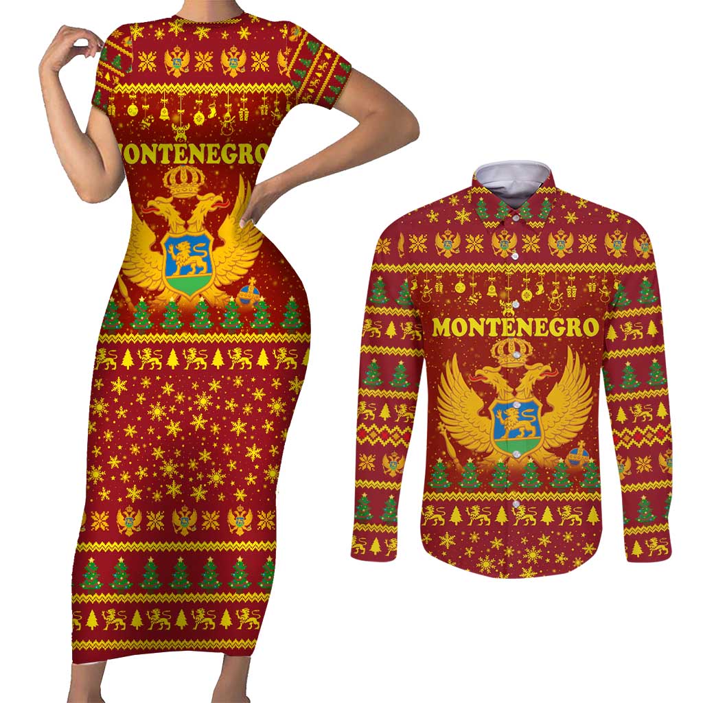 Montenegro Christmas Couples Matching Short Sleeve Bodycon Dress and Long Sleeve Button Shirt with Red-Gold Theme, Double-Headed Eagle, and Santa Motif - Wonder Print Shop