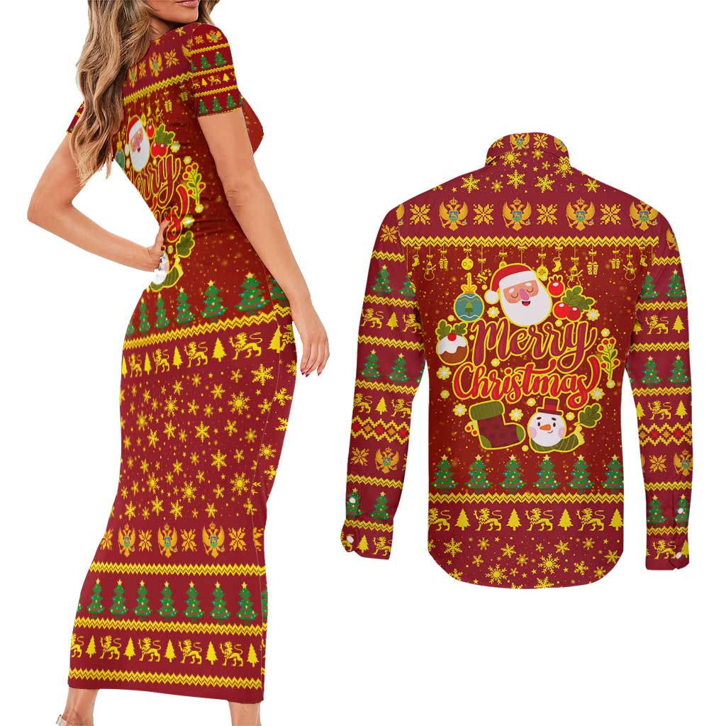 Montenegro Christmas Couples Matching Short Sleeve Bodycon Dress and Long Sleeve Button Shirt with Red-Gold Theme, Double-Headed Eagle, and Santa Motif - Wonder Print Shop