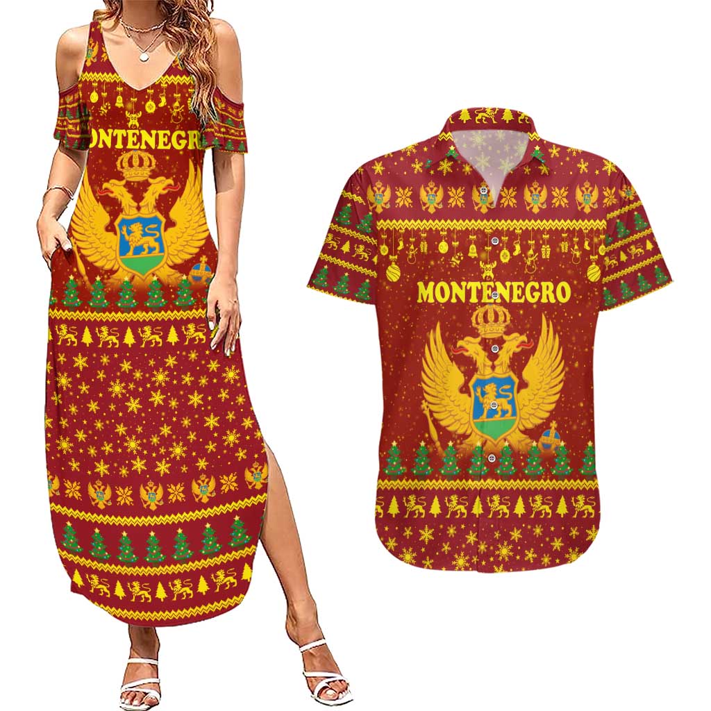 Montenegro Christmas Couples Matching Summer Maxi Dress and Hawaiian Shirt with Red-Gold Theme, Double-Headed Eagle, and Santa Motif - Wonder Print Shop